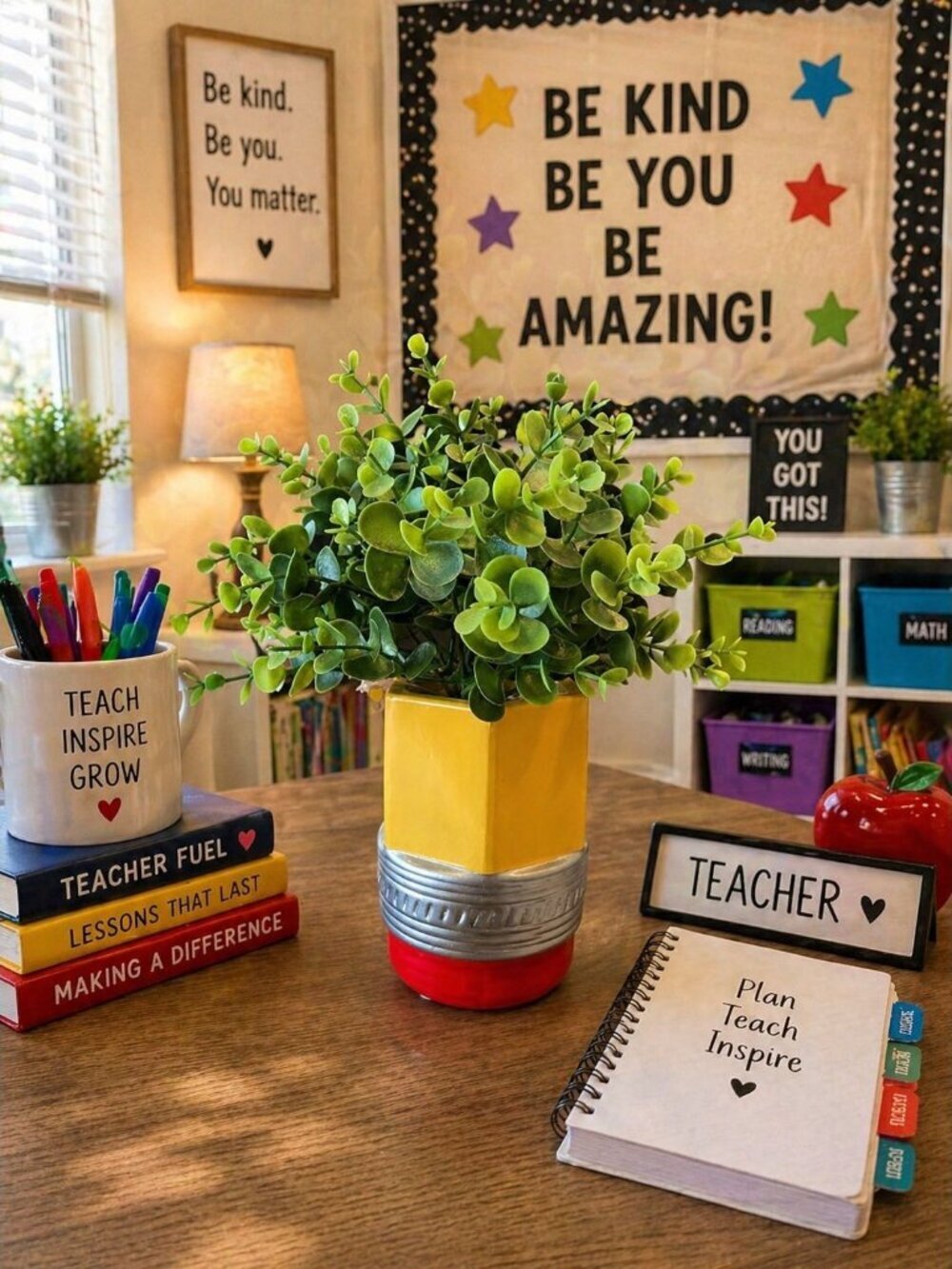 New Teacher Classroom Pencil Green Leaf Desk Fake Plant Room Home Decor
